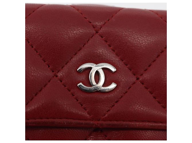CHANEL Matelassé Compact Wallet Lammfell Rot Silber CC Authentisch 179886A - Ansicht 18