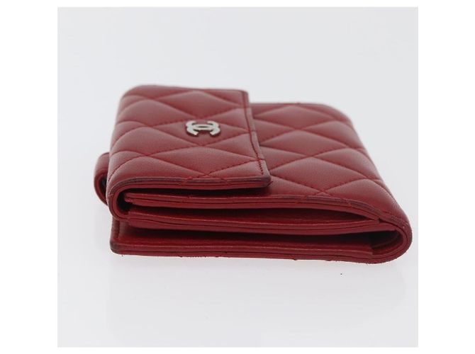 CHANEL Matelassé Compact Wallet Lammfell Rot Silber CC Authentisch 179886A - Ansicht 4
