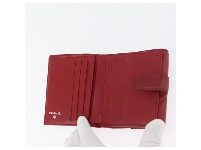 CHANEL Matelassé Compact Wallet Lammfell Rot Silber CC Authentisch 179886A - Ansicht 7