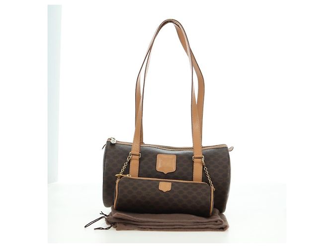 Céline Borsa Boston CELINE in tela Macadam PVC Pelle Marrone Oro Auth 176802V D'oro - vista 12