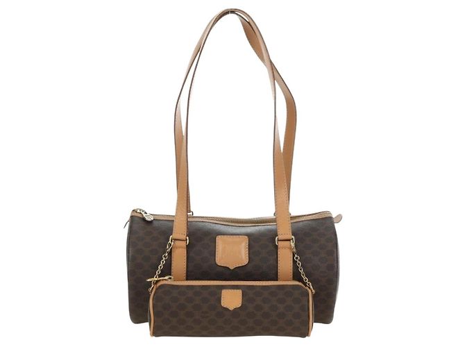 Céline Borsa Boston CELINE in tela Macadam PVC Pelle Marrone Oro Auth 176802V D'oro - vista 13