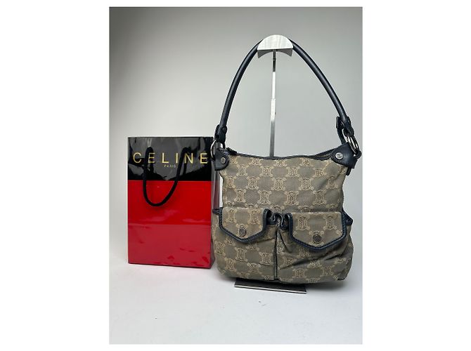 Triomphe Céline Vintage Celine Canvas Schultertasche Grau - Ansicht 12