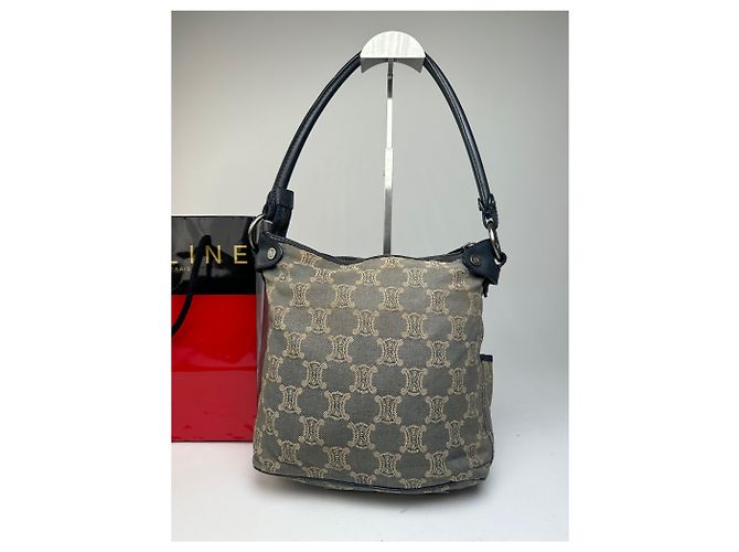 Triomphe Céline Vintage Celine Canvas Schultertasche Grau - Ansicht 13
