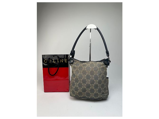 Triomphe Céline Vintage Celine Canvas Schultertasche Grau - Ansicht 2