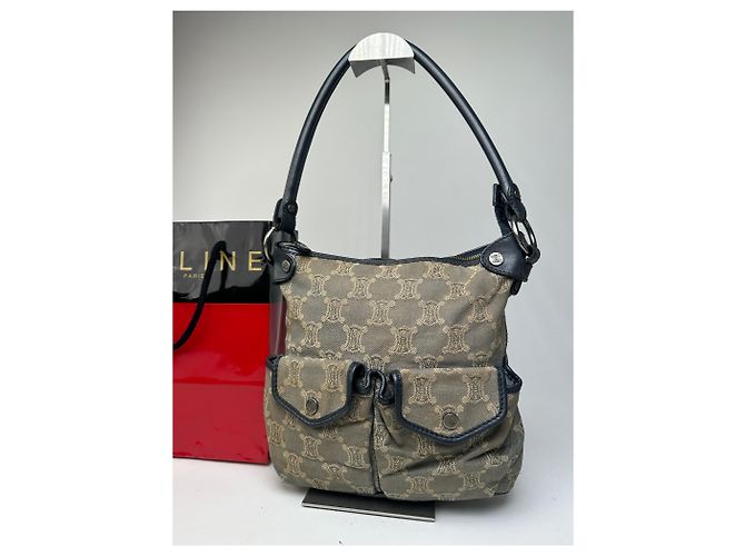 Triomphe Céline Vintage Celine Canvas Schultertasche Grau - Ansicht 7