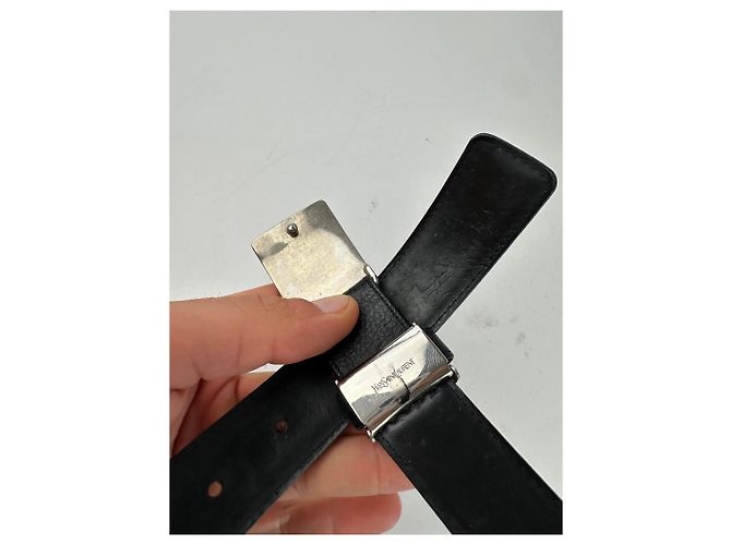 Yves Saint Laurent Textured Leather Belt Silver Buckle Black - view 4