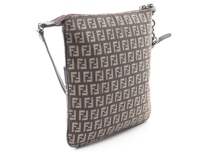 Borsa a tracolla Fendi Zucchino in tela marrone e pelle - vista 2