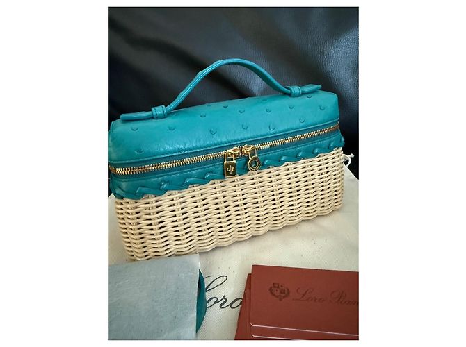 Loro Piana Borsa Vanity Case in pelle di struzzo e rattan Beige Turchese - vista 2