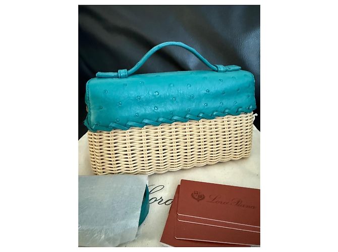 Loro Piana Borsa Vanity Case in pelle di struzzo e rattan Beige Turchese - vista 3