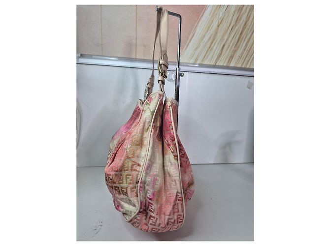Borsa a spalla Fendi Zucca Stampa Floreale Marrone Rosa Beige - vista 3