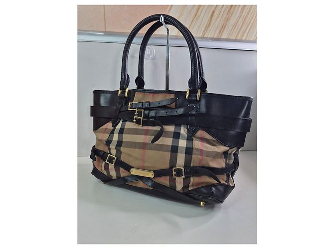Borsa Tote in Pelle Burberry Haymarket Check Nero Rosa Beige - vista 2