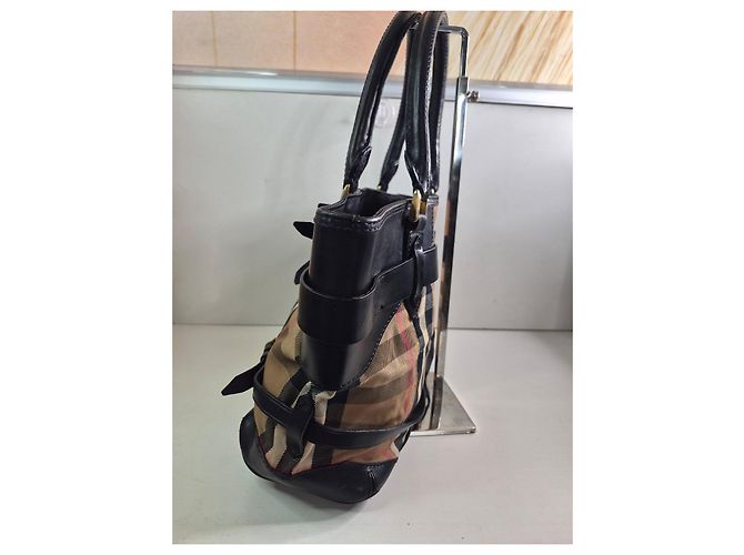 Borsa Tote in Pelle Burberry Haymarket Check Nero Rosa Beige - vista 3