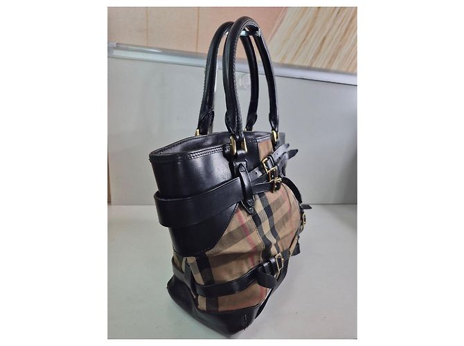 Borsa Tote in Pelle Burberry Haymarket Check Nero Rosa Beige - vista 5