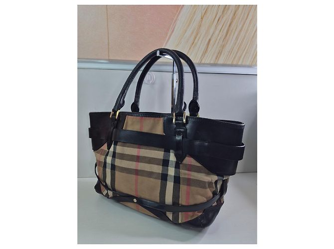 Borsa Tote in Pelle Burberry Haymarket Check Nero Rosa Beige - vista 6