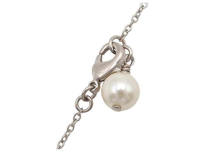 Chanel Silber CC Messing Anhänger-Halskette mit Strass und Kunstperlen - vista 8