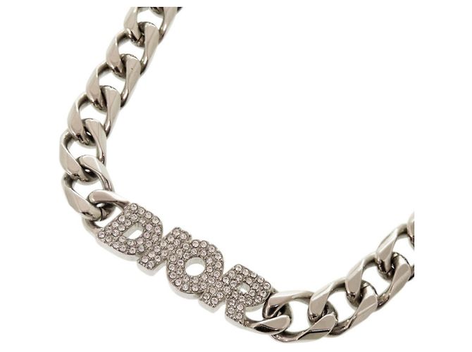 Collana Christian Dior con maglie a catena argentate e strass Argento - vista 3