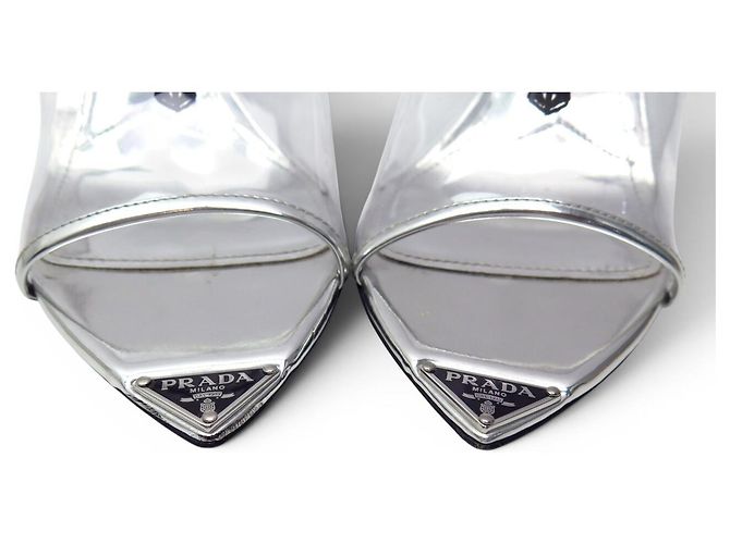 PRADA PUMPS MIT ABSATZ 39 PVC & LEDER SILBER LOGO SCHUHE - Ansicht 4