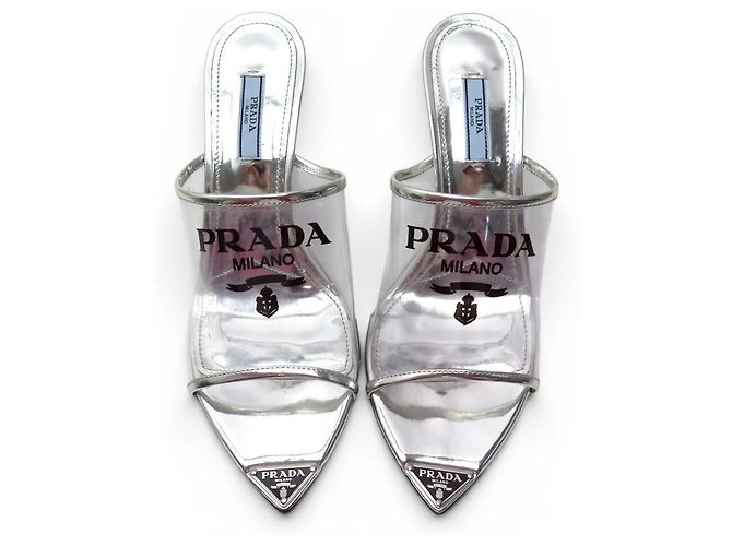 PRADA PUMPS MIT ABSATZ 39 PVC & LEDER SILBER LOGO SCHUHE - Ansicht 8
