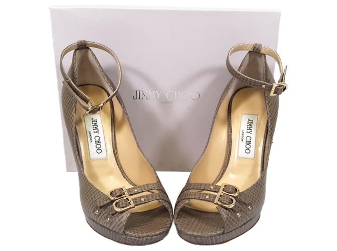 Décolleté Jimmy Choo con punta aperta e cinturino alla caviglia in pelle marrone testurizzata - vista 11