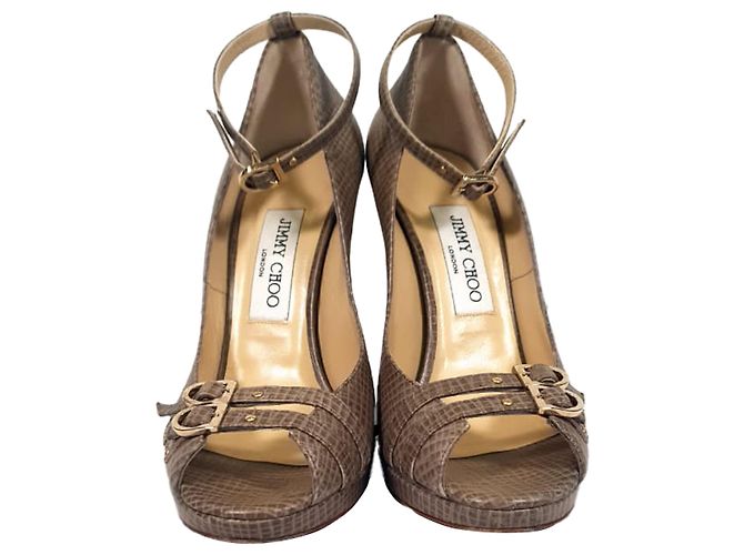 Décolleté Jimmy Choo con punta aperta e cinturino alla caviglia in pelle marrone testurizzata - vista 2