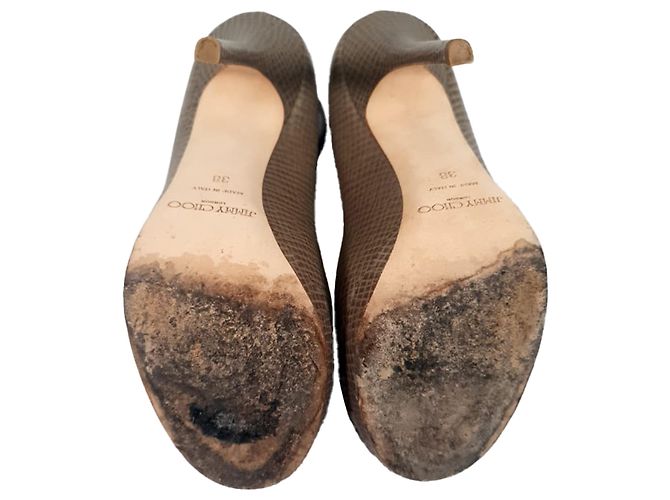 Décolleté Jimmy Choo con punta aperta e cinturino alla caviglia in pelle marrone testurizzata - vista 7