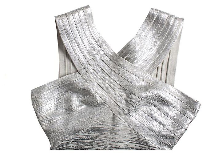 Silbernes Off-Shoulder Bodycon-Kleid Herve Leger by Max Azria Metallisch - Ansicht 4