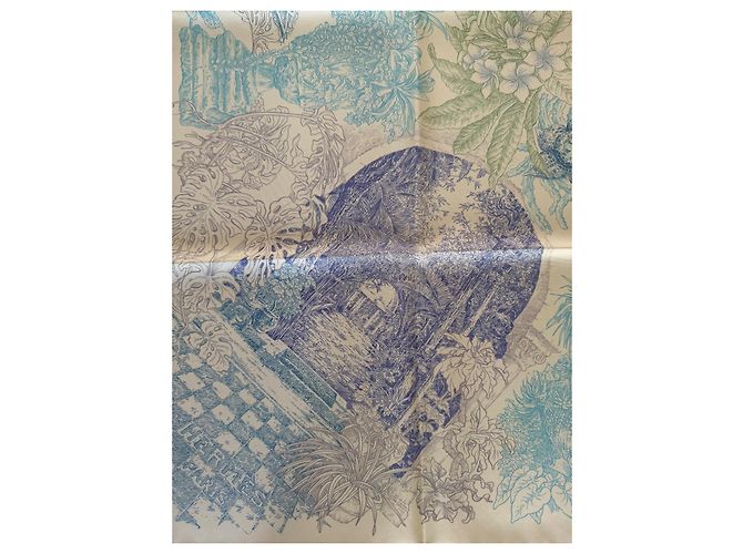 Hermès Le Jardin de Leila Seidentuch 90cm Blau Grün Gelb - Ansicht 2