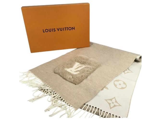 Sciarpa Louis Vuitton in cashmere e pelliccia di visone beige - Ansicht 12