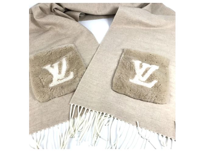 Sciarpa Louis Vuitton in cashmere e pelliccia di visone beige - Ansicht 6