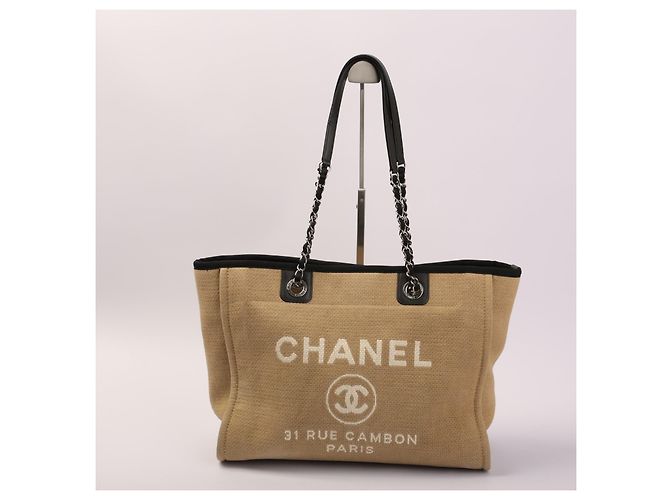 Chanel Deauville Borsa Tote in Tela Nero Beige - vista 2