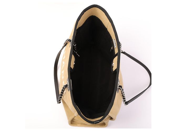 Chanel Deauville Borsa Tote in Tela Nero Beige - vista 3