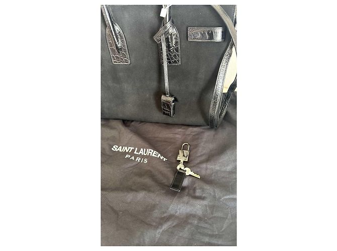 Saint Laurent Sac De Jour Tote Bag scamosciato nero e pelle coccodrillo - vista 3