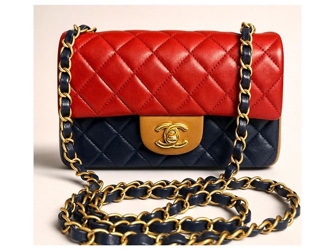 Borsa Chanel Edinburgh Tricolor Mini Classic Flap Rosso Caramello Blu scuro - vista 3