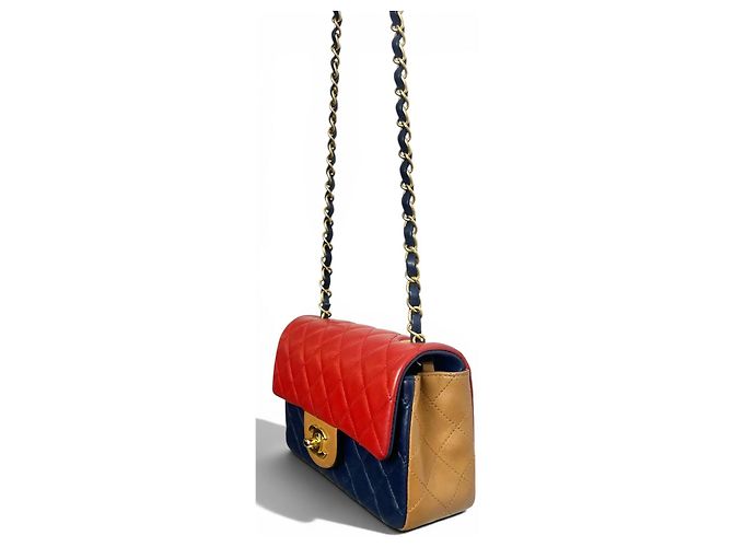 Borsa Chanel Edinburgh Tricolor Mini Classic Flap Rosso Caramello Blu scuro - vista 6