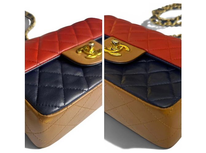 Borsa Chanel Edinburgh Tricolor Mini Classic Flap Rosso Caramello Blu scuro - vista 9
