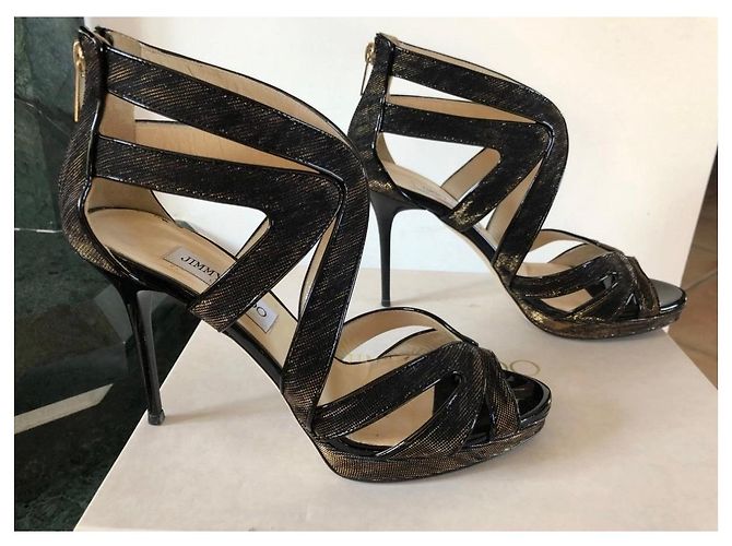 Jimmy Choo Karla Sandali Lurex Nero e Oro D'oro - vista 3