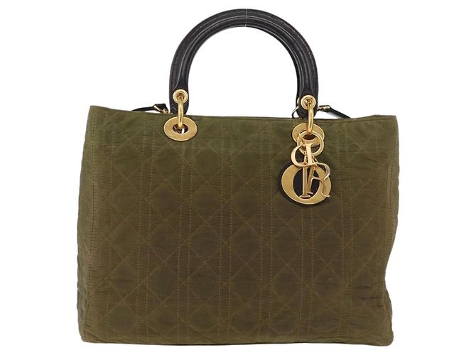 Borsa Christian Dior Canage Lady Dior Nylon 2way Khaki Gold Auth 179698 D'oro Cachi - vista 2