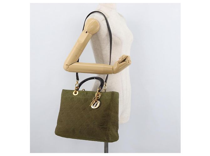 Borsa Christian Dior Canage Lady Dior Nylon 2way Khaki Gold Auth 179698 D'oro Cachi - vista 25
