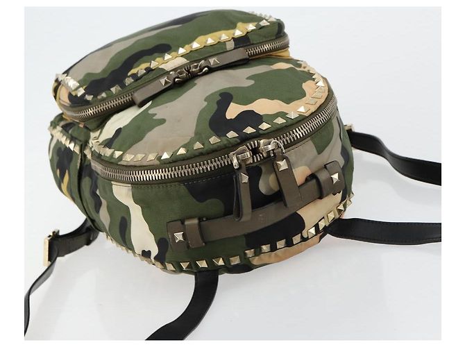 Zaino VALENTINO Studs Camouflage Nylon Khaki Gold Auth bs35140 D'oro Cachi - vista 6
