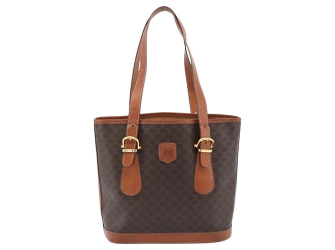 Céline Borsa Tote CELINE Macadam Canvas PVC Pelle Marrone Oro Auth 180666 D'oro - vista 2