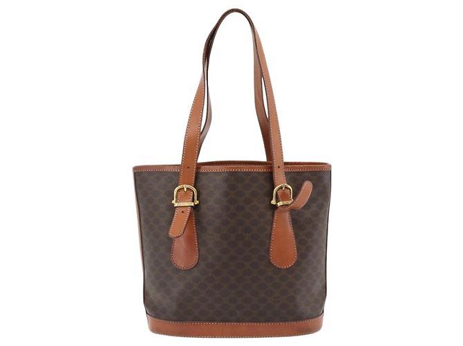 Céline Borsa Tote CELINE Macadam Canvas PVC Pelle Marrone Oro Auth 180666 D'oro - vista 3