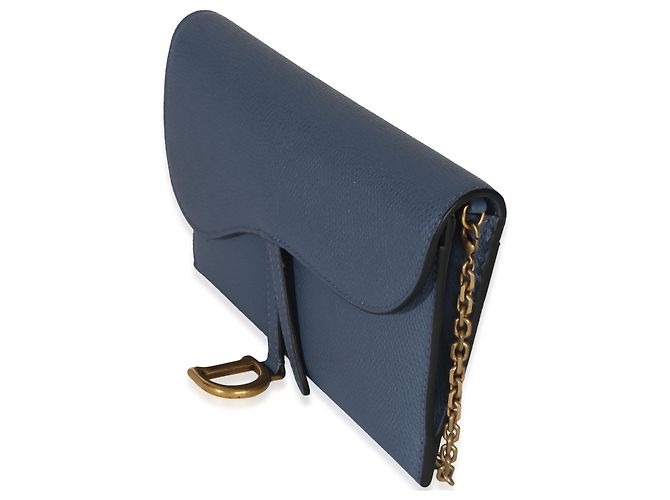 Pochette Small Saddle in pelle di vitello granulata blu Christian Dior con catena - vista 3