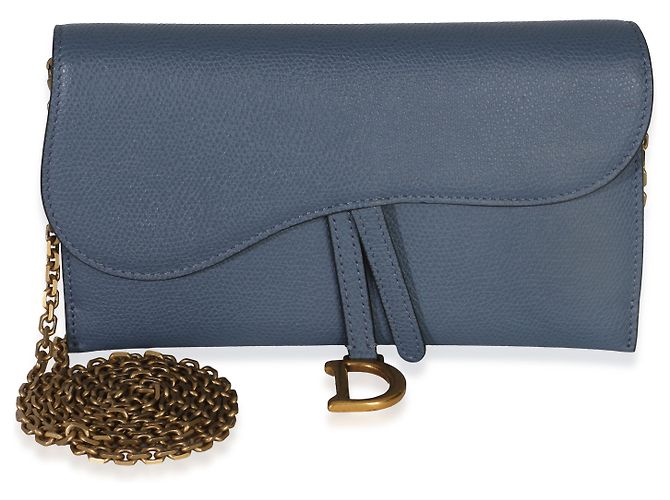 Pochette Small Saddle in pelle di vitello granulata blu Christian Dior con catena - vista 8