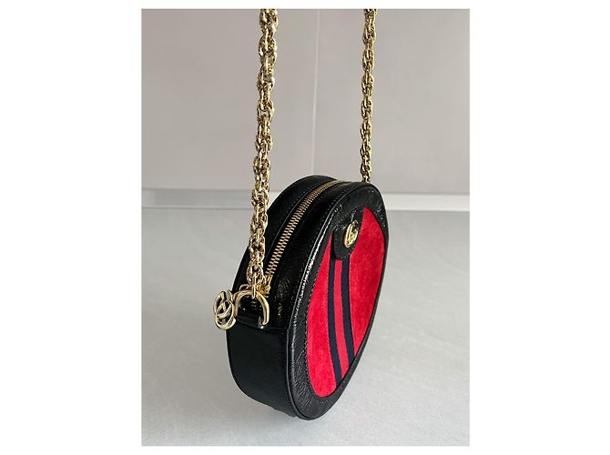 Gucci Ophidia Mini Borsa Rotonda in Velluto Rosso e Pelle Verniciata Nera Nero - vista 2