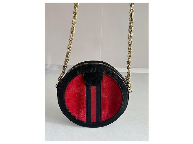Gucci Ophidia Mini Borsa Rotonda in Velluto Rosso e Pelle Verniciata Nera Nero - vista 5