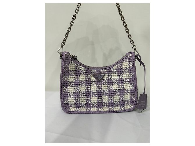 Prada Re-Edition 2005 Raffia-Tasche Karo-Muster Weiß Lila - Ansicht 10