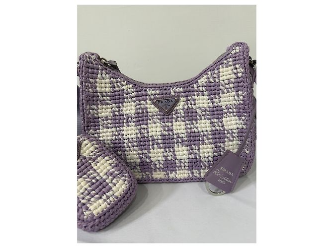 Prada Re-Edition 2005 Raffia-Tasche Karo-Muster Weiß Lila - Ansicht 11