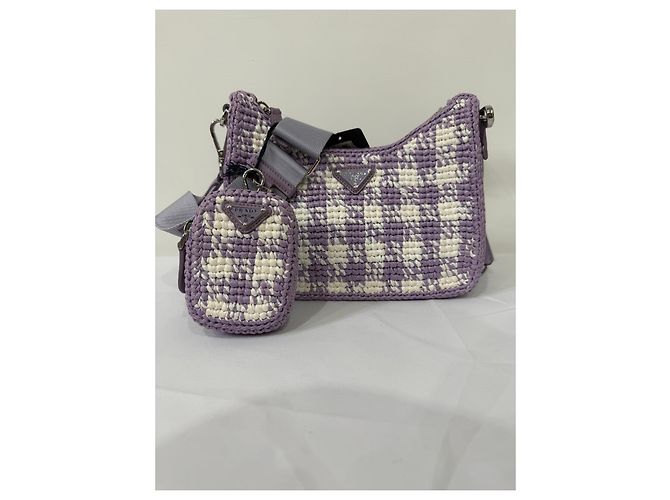 Prada Re-Edition 2005 Raffia-Tasche Karo-Muster Weiß Lila - Ansicht 12
