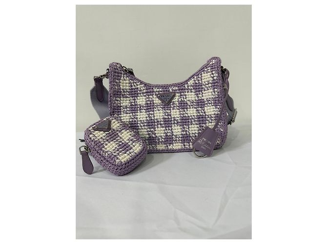 Prada Re-Edition 2005 Raffia-Tasche Karo-Muster Weiß Lila - Ansicht 13