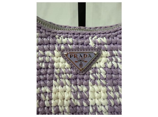 Prada Re-Edition 2005 Raffia-Tasche Karo-Muster Weiß Lila - Ansicht 2